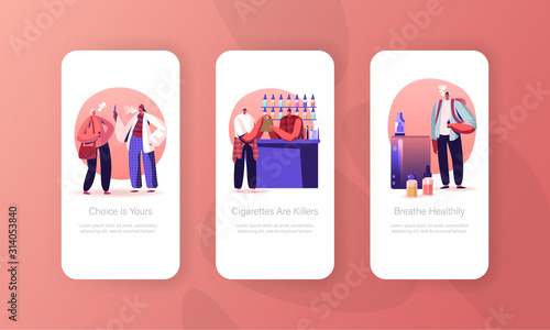 Bad Habit, Hipster Lifestyle, Vaping Activity Mobile App Page Onboard Screen Set. People Buy Electronics Cigarettes Enjoy Vape Smoking Concept for Website or Web Page, Cartoon Flat Vector Illustration