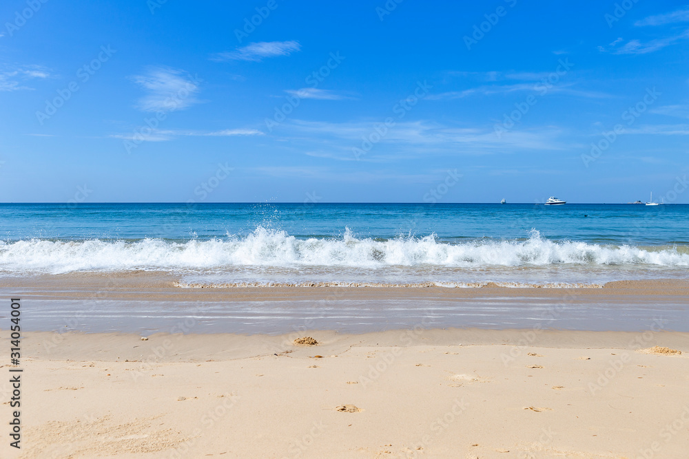 Seascape background, clear blue sky and blue sea, summer outdoor day light, holiday destination, relaxing time