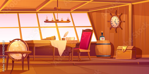 Pirate capitan ship cabin. Vector cartoon illustration of wooden room interior, globe, treasure chest and table with bottle of rum, map and spyglass on table