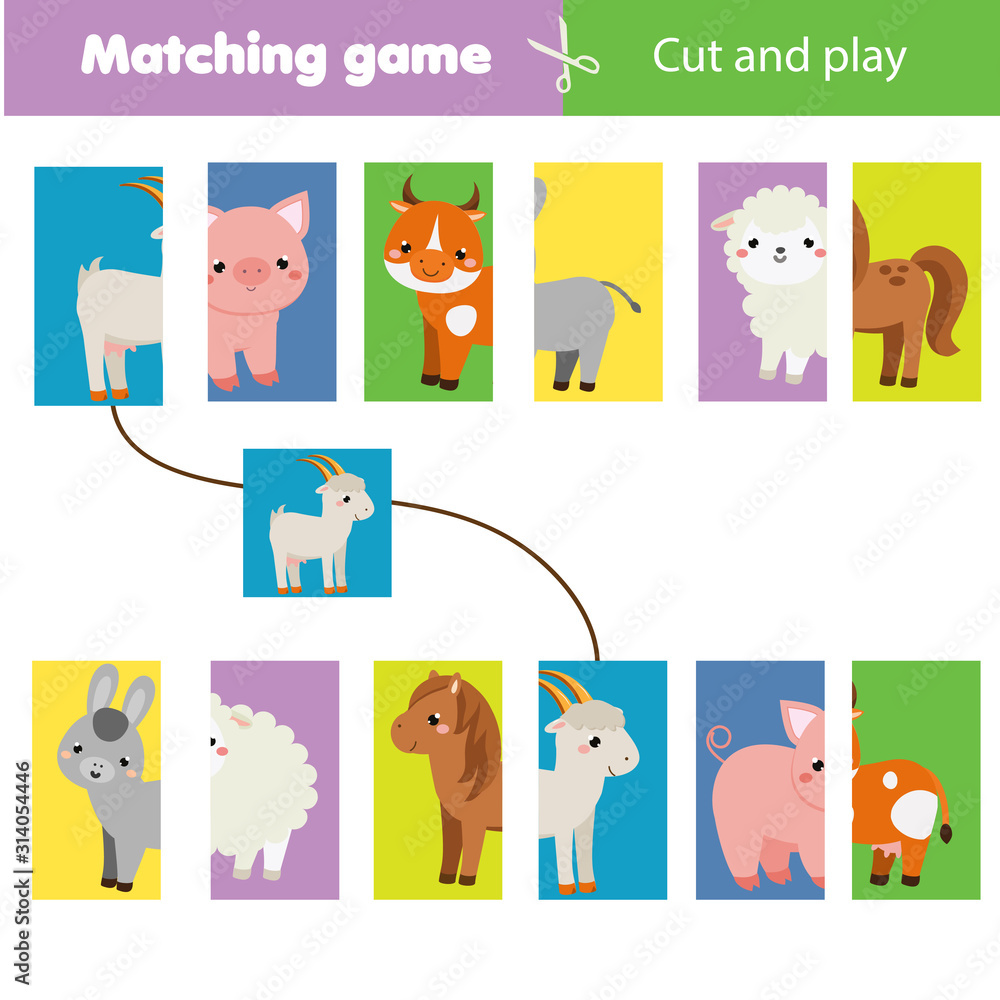Matching children educational game. Match parts of farm animals. Learning  symmetry for kids and toddlers Stock Vector | Adobe Stock