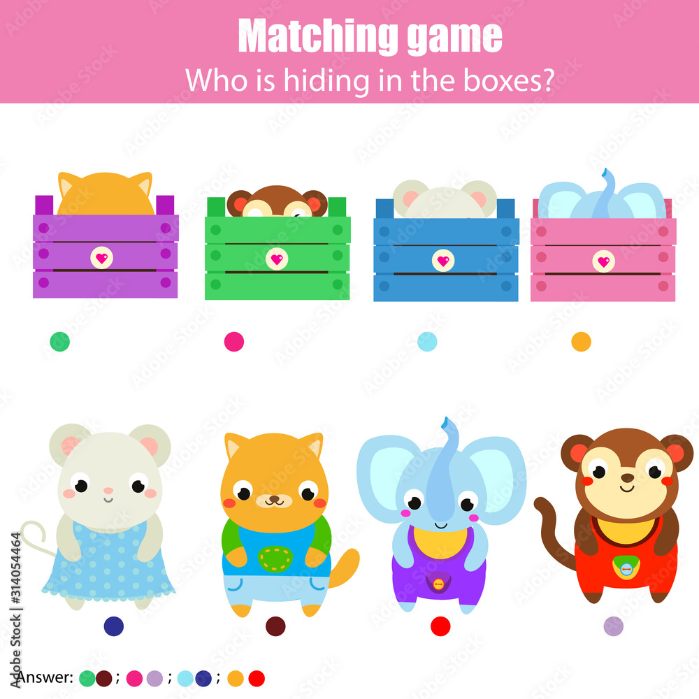 Educational game for children, kids activity. Match cute animals with boxes Educational game for children, kids activity. Match cute animals with boxes
