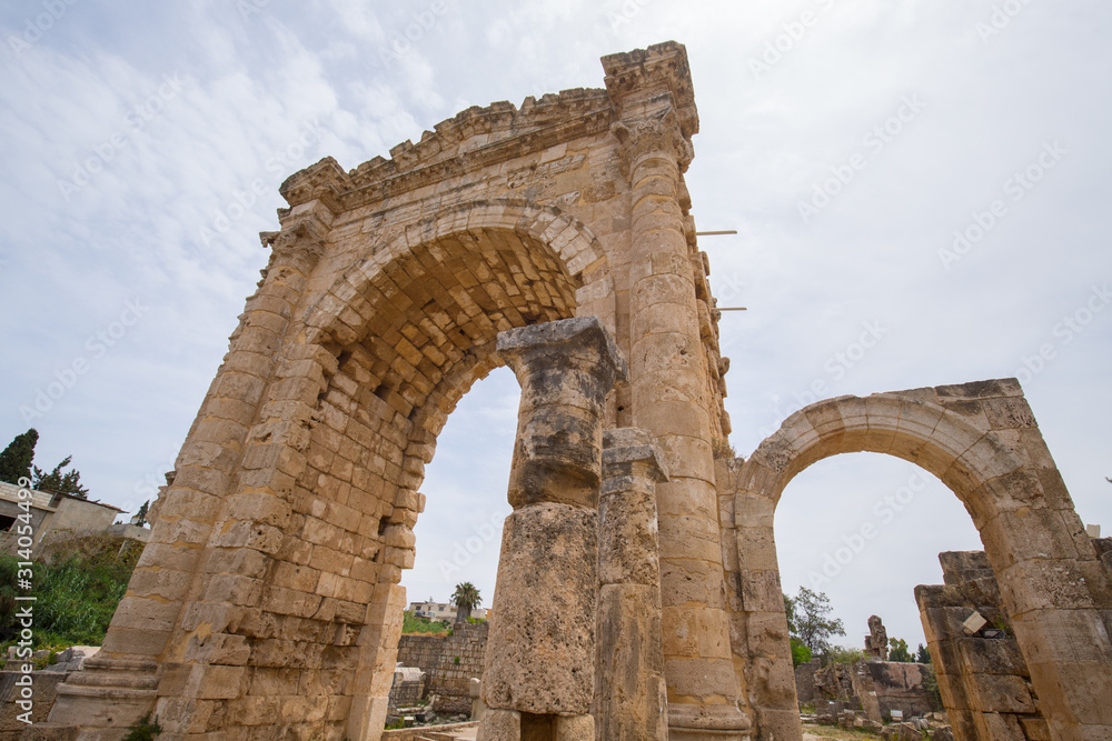 The arch of triumph. Roman remains in Tyre. Tyre is an ancient Phoenician city. Tyre, Lebanon - June, 2019