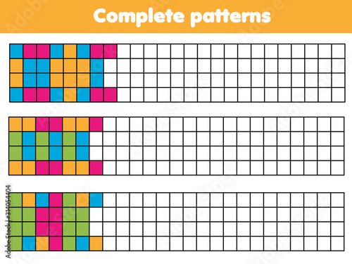 Complete geometric patterns. Educational game for children. Drawing activity for kids