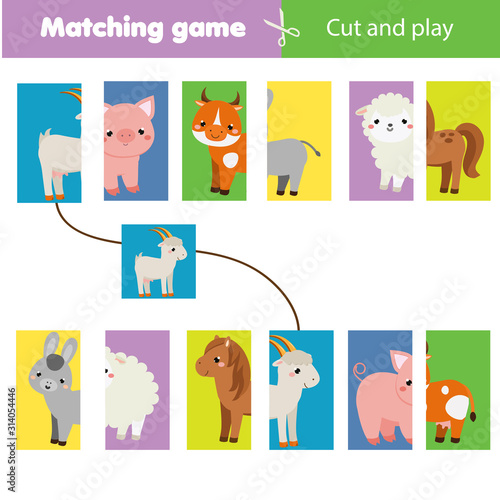 Matching children educational game. Match parts of farm animals. Learning symmetry for kids and toddlers