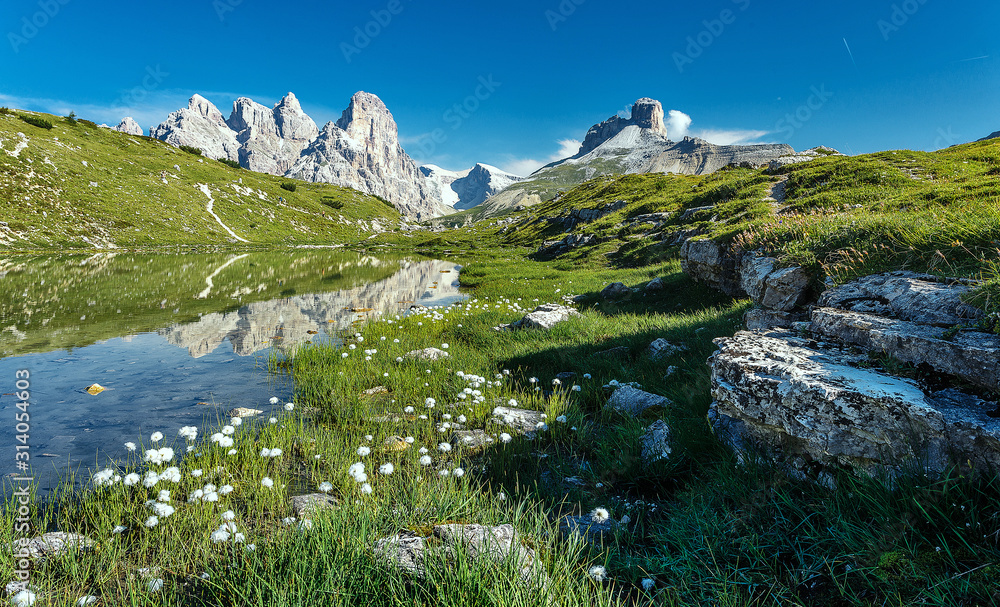 Awesome Nature Landscape. Alpine lake with crystal clear water and frash grass and flowers. Perfect Blue sky and mountains peaks. Incredible view of Dolomites Alps. Tre Cime di Lavaredo National park