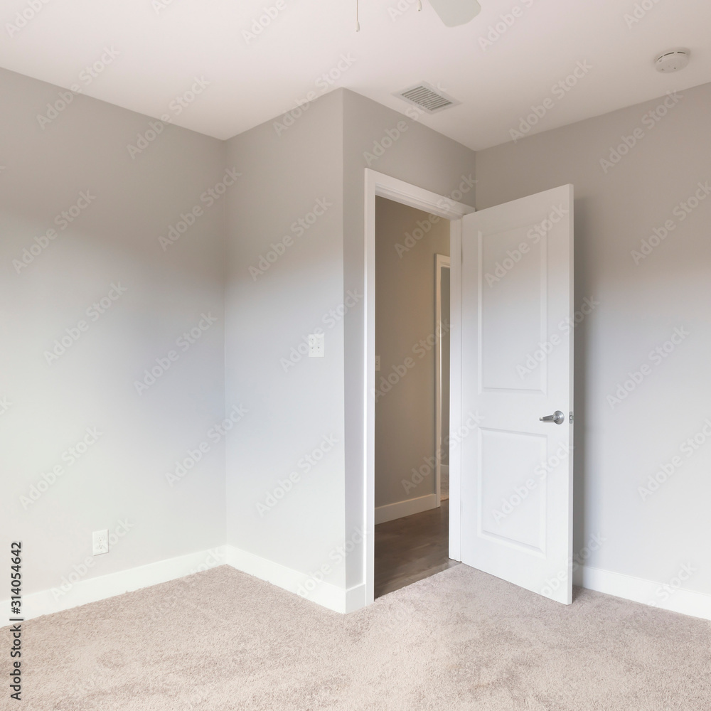 Square frame Empty bedroom with door open Square frame Empty bedroom with door open