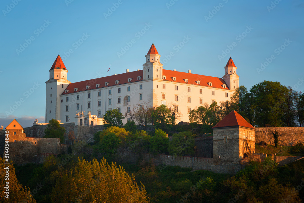 Medieval castle on a hill in Bratislava at sunrise, Slovakia