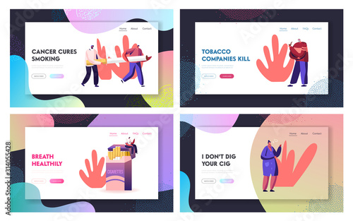 Smoking Addiction Social Problem Website Landing Page Set. People of Different Ages Smoke Cigarettes and Pipe Having Bad Habit. Lung Cancer Causing Web Page Banner. Cartoon Flat Vector Illustration