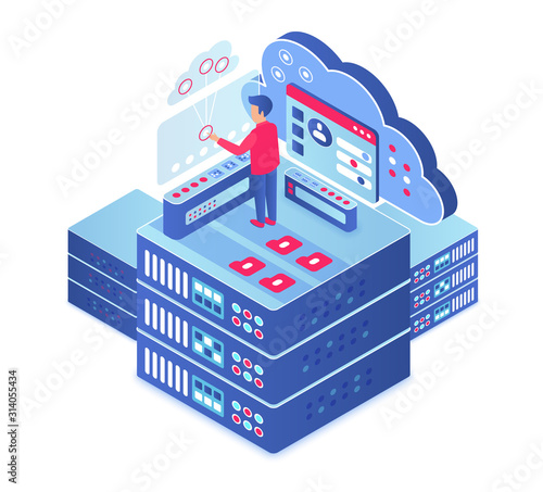 Cloud computing isometric vector illustration. Information storage technology. Server maintenance. Upload and share information service. Digital platform. Database cartoon conceptual design element