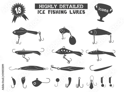 eighteen ice fishing lures icons