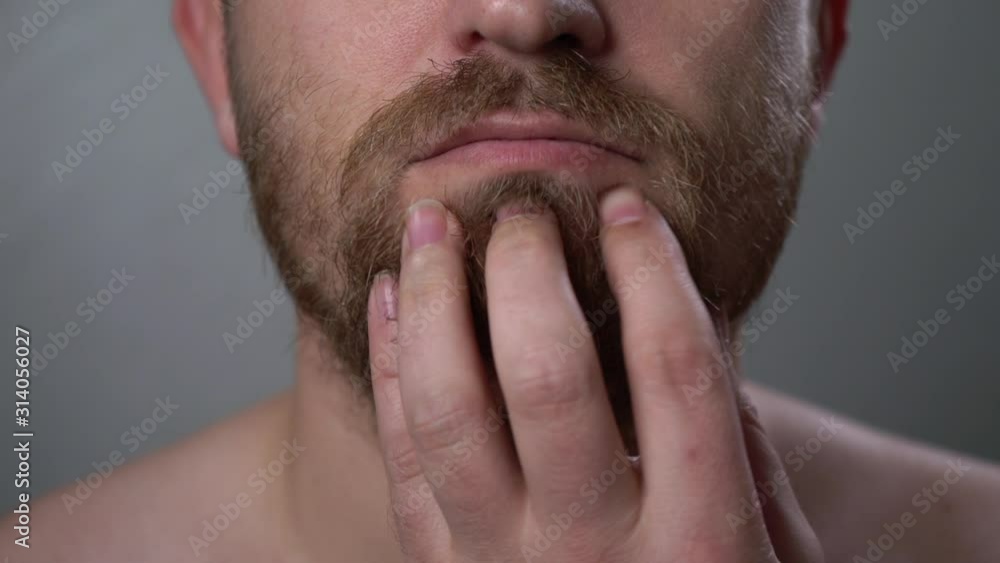 A young man touches his big beard and mustache with his hand, close-up. A man is preparing to shave facial hair. Hair removal in front of a mirror. Men's care. Change of image. A young man touches his big beard and mustache with his hand, close-up. A man is preparing to shave facial hair. Hair removal in front of a mirror. Men's care. Change of image.