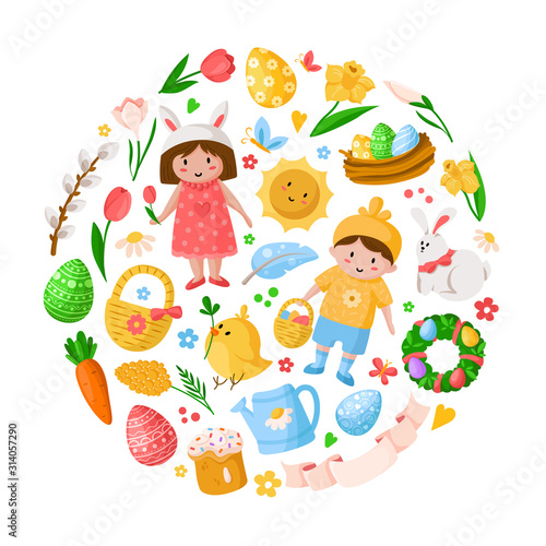 Cartoon Easter Day  kids boy girl in costumes  easter eggs  spring flowers  rabbit  chiken  willow branch  floral wreath  tulips  cake  isolated on white for cards  print  your designs - vector