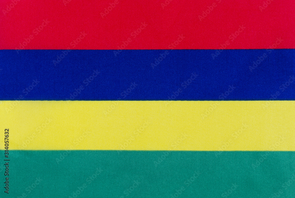 Flag of the Republic of Mauritius on a textile basis close-up Flag of the Republic of Mauritius on a textile basis close-up