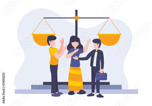 vector illustration of divorce theme, Clients and lawyers people flat digital style with balance law. Metaphor concept of conflict between husband and wife in court during the judge.