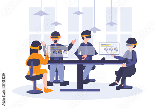 Business people talking and meeting using virtual reality technology glasses. Futuristic cyber gadget internet industrial revolution. Businessman and businesswoman sitting. Vector flat illustration.