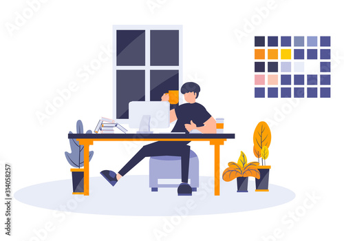 Person working with computer and literature. Vector flat illustration of young man drinking coffee with monitor and stack of books. Concept of thesis work, college task, and online freelancer.