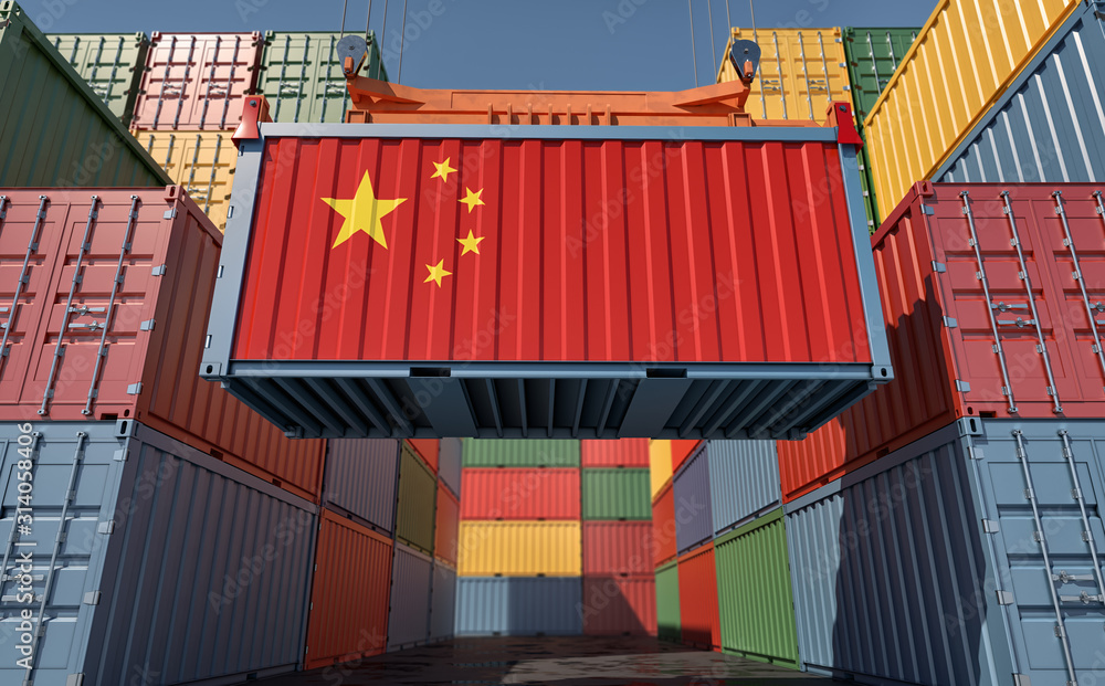Fototapeta premium Container Terminal - Shipping Container with China flag. 3D Rendering