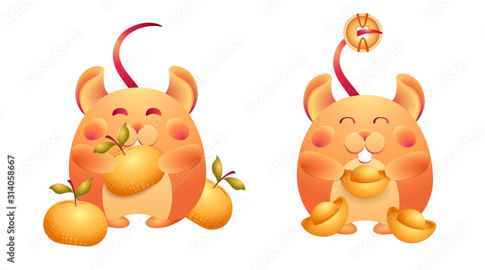 Collection mouse on a white isolated background. Vector set of happy gold rat, symbol Chinese New Year 2020, with ingot, juicy tangerines, orange. Stock illustration asian holiday, greeting cards. Collection mouse on a white isolated background. Vector set of happy gold rat, symbol Chinese New Year 2020, with ingot, juicy tangerines, orange. Stock illustration asian holiday, greeting cards.
