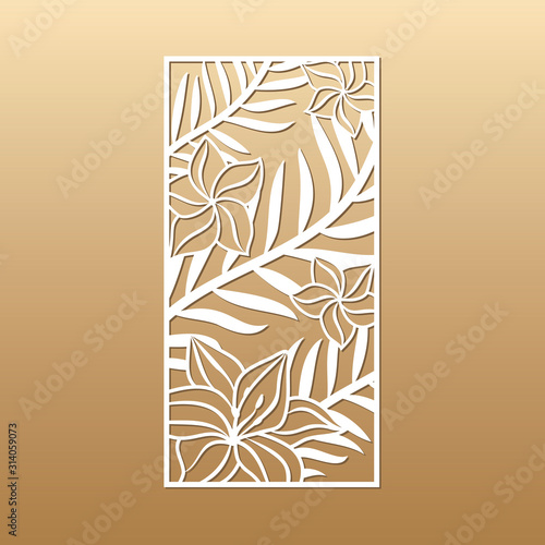 Laser cut vector panel (ratio 1:2). Cutout silhouette with palm leaves and hawaiian flowers (plumeria, lily). The set is suitable for engraving, laser cutting wood, metal, stencil manufacturing.