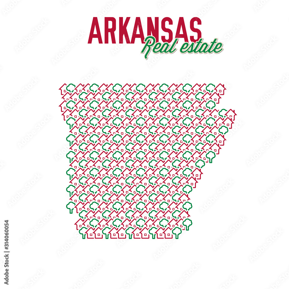 Arkansas real estate properties map. Text design. Arkansas US state realty concept. Vector illustration