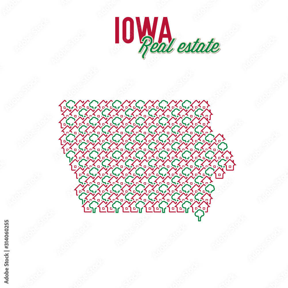 Iowa real estate properties map. Text design. Iowa US state realty concept. Vector illustration