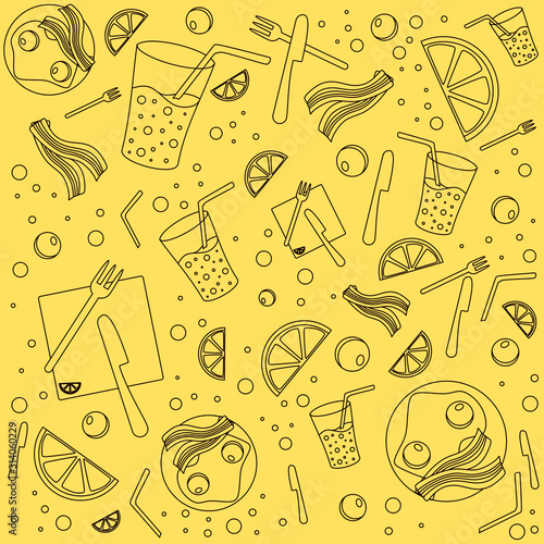 Tasty food pattern made of orange fizzy water scrambled eggs and bacon fork and knife