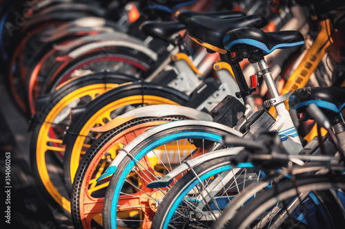 Share electric bikes parked on the sidewalk, Hangzhou