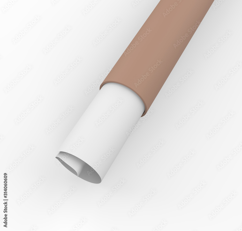 Paper tube mock up scene, blank objects for placing your design. Cardboard paper tube with papers. 3d illustration Paper tube mock up scene, blank objects for placing your design. Cardboard paper tube with papers. 3d illustration