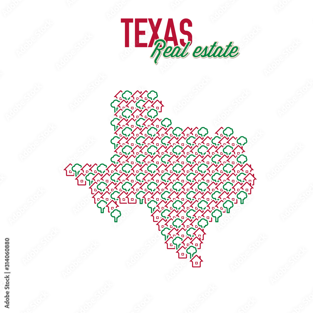 Texas real estate properties map. Text design. Texas US state realty concept. Vector illustration