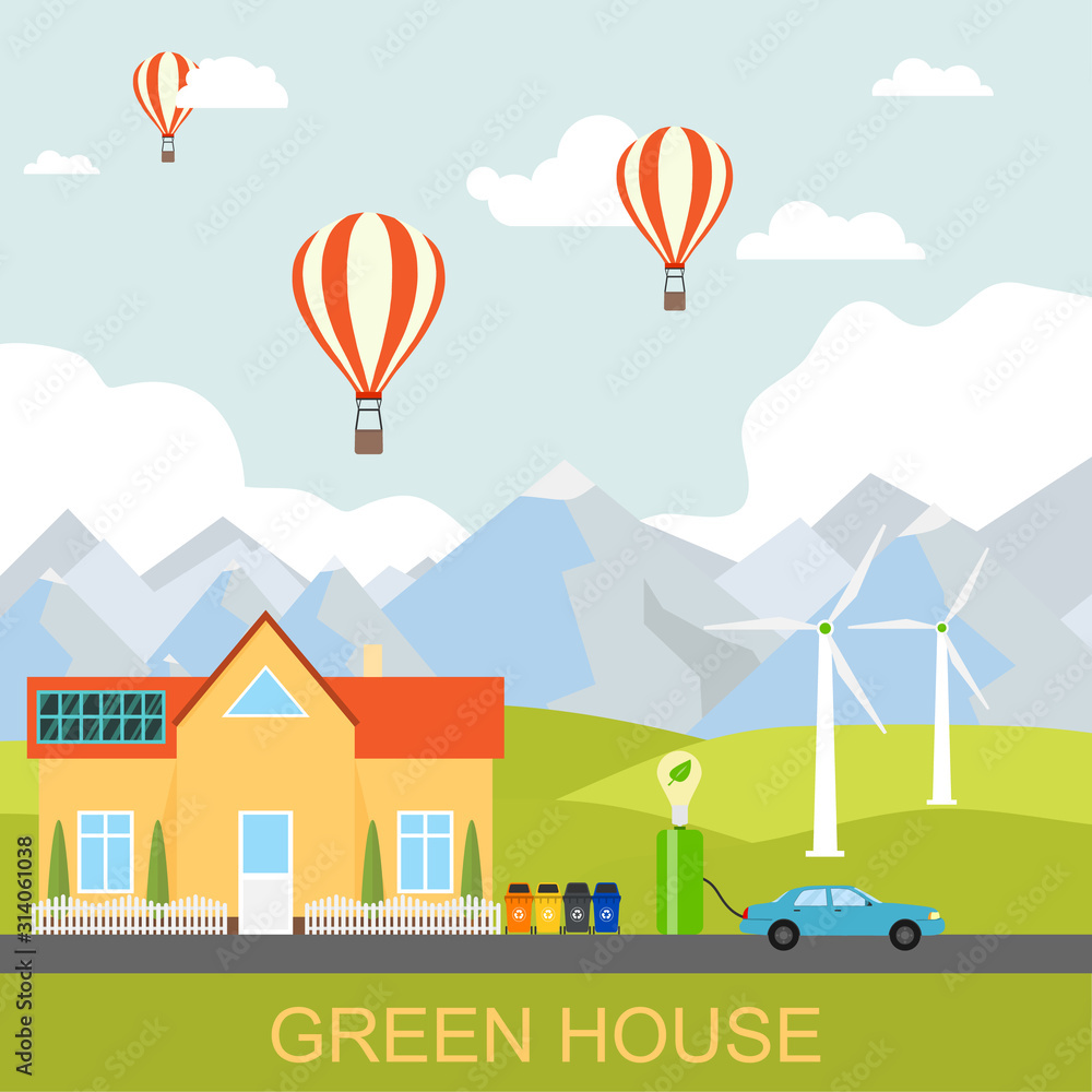 Eco house. Green house. Environmentally friendly and safe house on the background of nature and mountain landscape. Charging an electric car. Vector illustration.