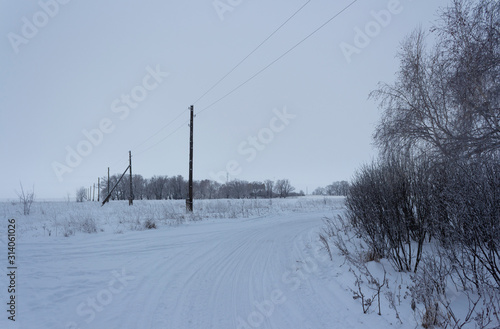 Power line posts, snowy field, trees a winter evening in the Ulyanovsk region in Russia.