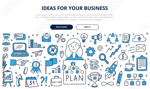 Big set of colorful business elements and girl in doodle style. Cute Vector Illustration can be used in education, bank, It, SaaS, finance, marketing and other areas.