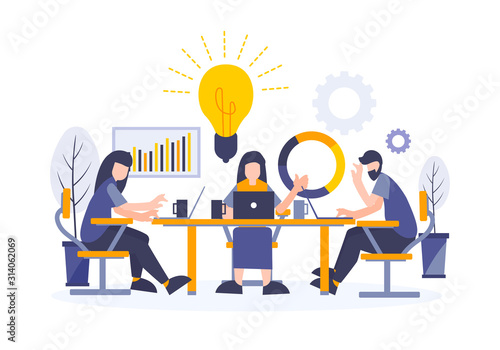 Business discussion and brainstorming concept metaphor with group of flat people thinking and working on laptop sitting with colleague or co-workers.