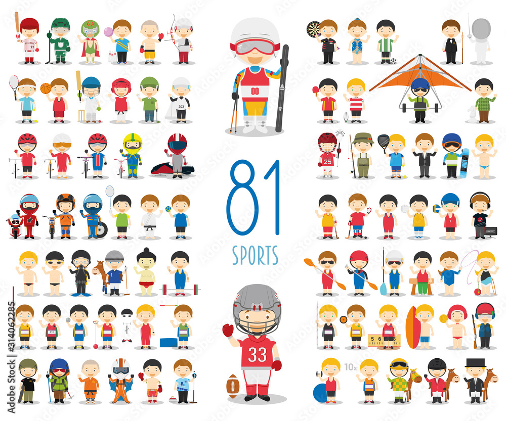 Set of 81 different sports in cartoon style. Kids characters vector illustration