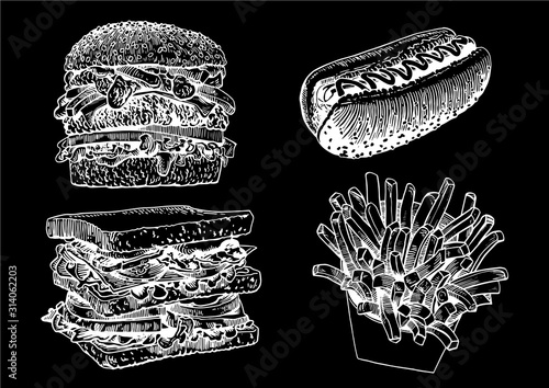 Vector fast food set isolated on black background, graphical illustration