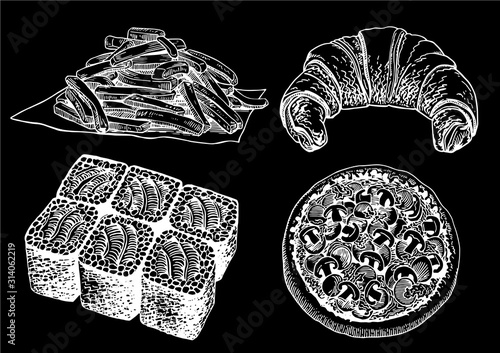 Vector fast food set isolated on black background, graphical illustration