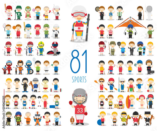 Set of 81 different sports in cartoon style. Kids characters vector illustration