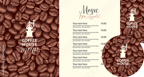 Vector set of design elements for coffee house. Menu, business cards and coasters for drinks with old coffee grinder on the background of coffee beans