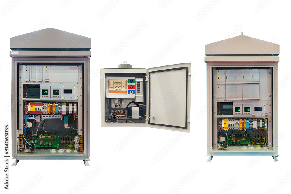 two electrical control Cabinet with an open door isolated on a white background two electrical control Cabinet with an open door isolated on a white background