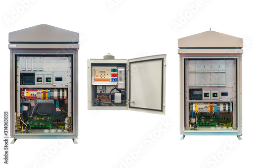 two electrical control Cabinet with an open door isolated on a white background