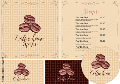 Vector set of design elements for coffee house. Menu, business cards and coasters for drinks with three coffee beans and handwritten inscriptions on the background of checkered tablecloth