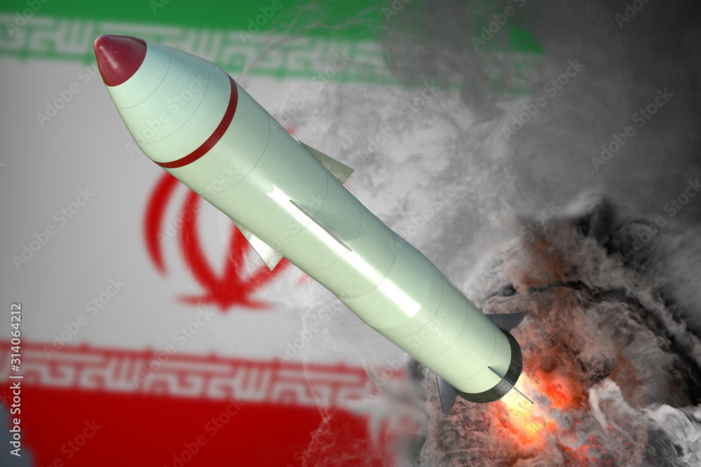 Launch of missile. Iran flag in background. 3D rendered illustration. - obrazy, fototapety, plakaty 