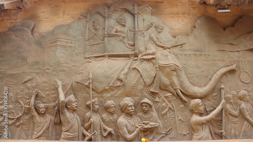 Pune, Maharastra/India- January 07 2020: Wall painting of Great Maratha king Shivaji Maharaj. Storytelling of an historical event that happened in Ancient India.