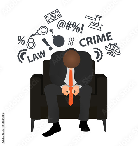 Businessman in handcuffs. Business crime. Flat style modern vector illustration. Man Has Clasped Head Hands.