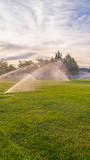 Vertical Sprinklers watering green grassy field with homes and cloudy blue sky background