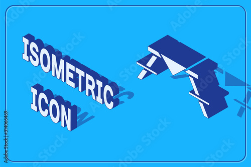 Isometric Picnic table with benches on either side of the table icon isolated on blue background. Vector Illustration