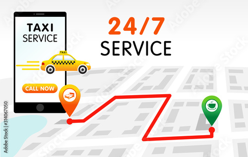 Taxi service app design. Mobile phone order taxi on city map location vector illustration in flat style