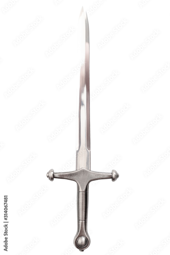 Middle ages weapons, obsolete war fighting and weapon of a knight conceptual idea with shiny medieval steel sword with ornate handle isolated on white background with clipping path cutout