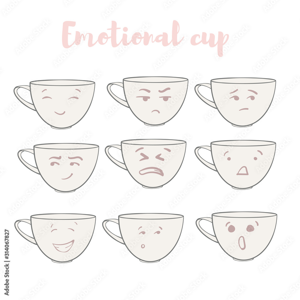 Vector set of cute emotional cups. Cartoony mugs isolated on white background. Vector set of cute emotional cups. Cartoony mugs isolated on white background.