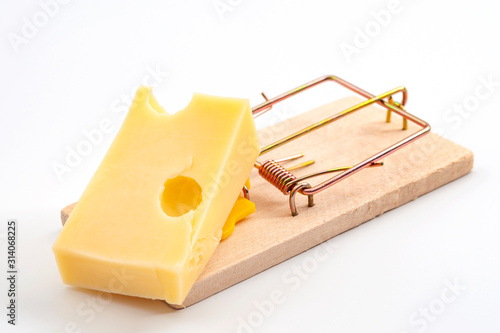 Vermin and pest control conceptual idea mouse trap used to catch a mouse with cheese as bait isolated on white background photo